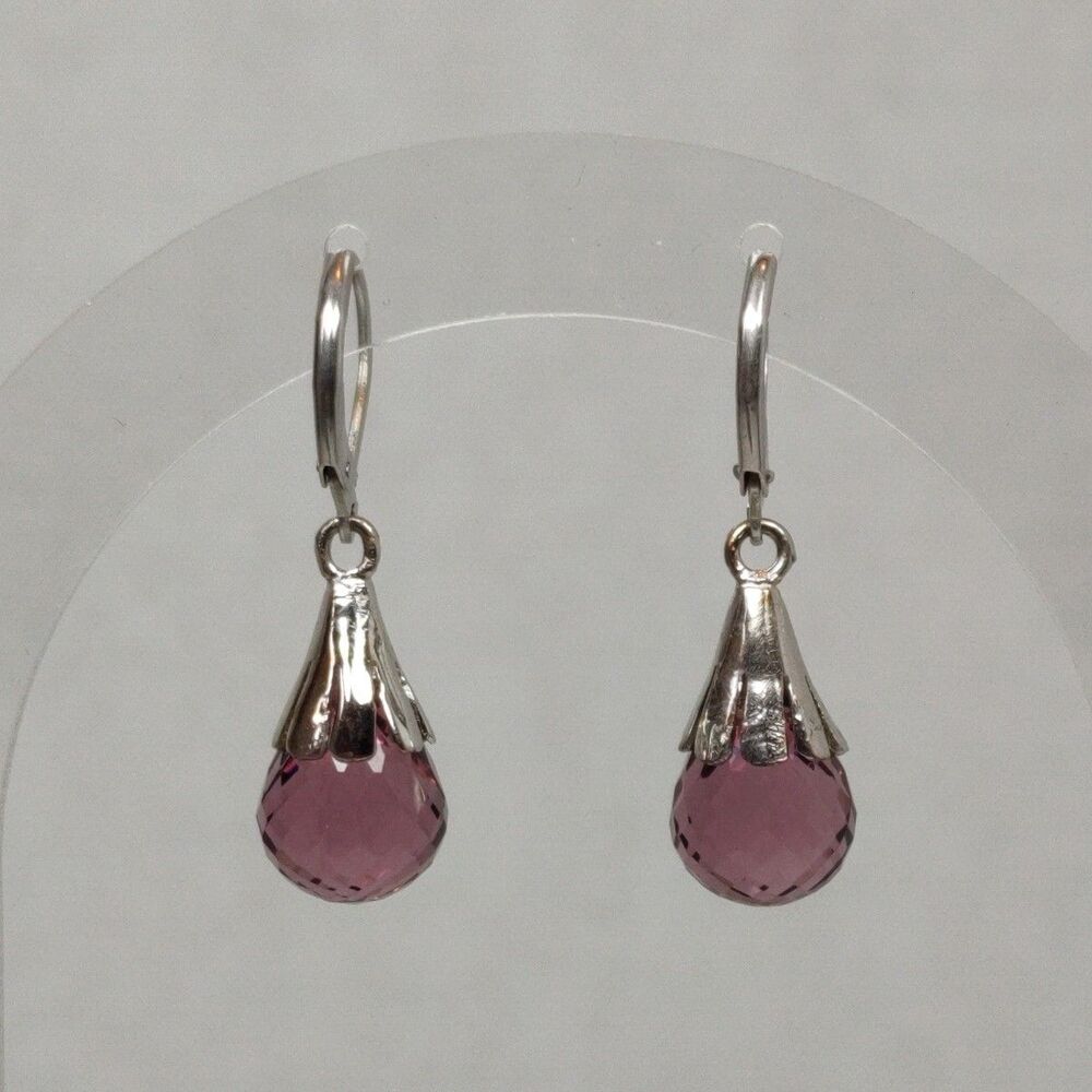 Silver Tone Metal Purple Pink Glass Faceted Stone Teardrop Drop Fashion Earrings - Picture 4 of 14